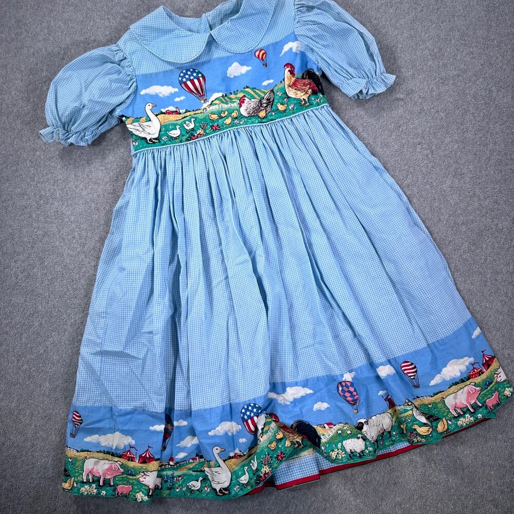 Rags From Richards Girls Size 7 Dress Chicken Rooster Hot Air Ballon Blue Gingha